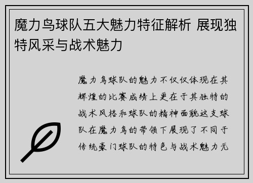魔力鸟球队五大魅力特征解析 展现独特风采与战术魅力