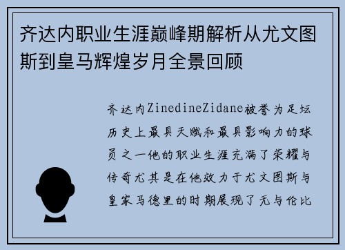 齐达内职业生涯巅峰期解析从尤文图斯到皇马辉煌岁月全景回顾